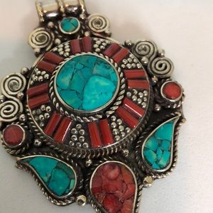 Red coral and turquoise silver pendant